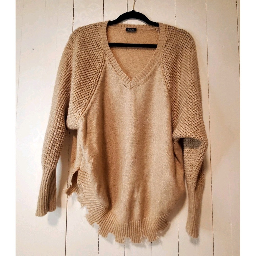 Rue 21 Tan Distressed V-Neck Oversized Waffle Knit Raglan Sweater XL